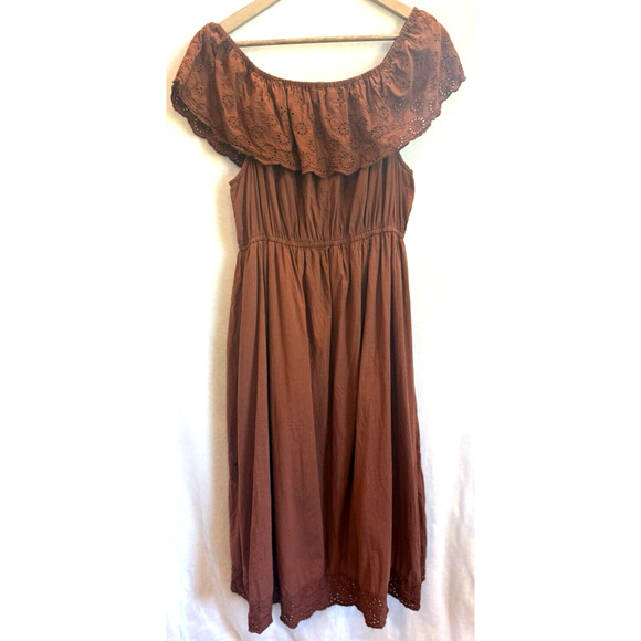 J Gee Eyelet Embroidered Ruffle Peasant Midi Dress Size XL Rust Forest Fairy - Picture 3 of 16